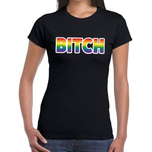 Bitch gay pride t-shirt zwart met regenboog tekst voor dames -  Gay pride/LGBT kleding