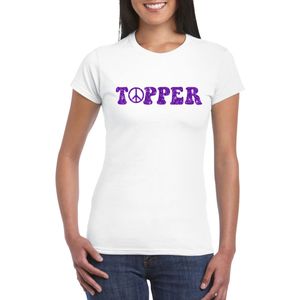 Wit Flower Power t-shirt Topper met paarse letters dames - Sixties/jaren 60 kleding