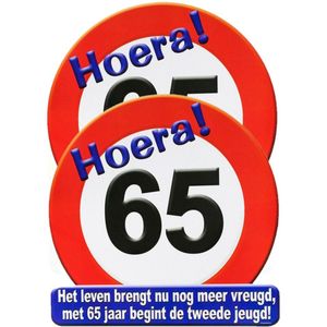 2x stuks hulde verjaardag stopbord 65 jaar - 50 x 50 cm - Feestartikelen/versiering verjaardag leeftijden - Verkeersbord