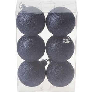 18x Donkerblauwe kunststof kerstballen 6 cm - Glitter - Onbreekbare plastic kerstballen - Kerstboomversiering donkerblauw