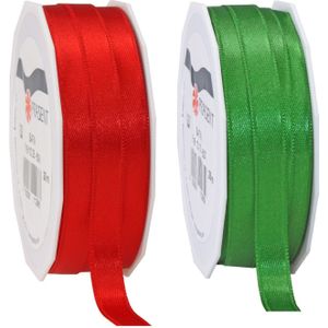 2x rollen satijn sierlint/cadeaulint - groen en rood - 1 cm x 25m