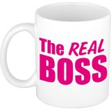 The boss en the real boss cadeau koffiemok / theebeker wit met roze en blauwe blokletters - 300 ml - keramiek - bruiloft / huwelijk / anniversary - cadeaumokken voor koppels