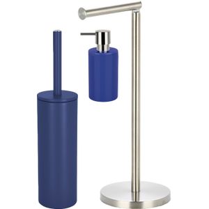 Spirella Badkamer accessoires set - WC-borstel/zeeppompje/rollenhouder - metaal/porselein - donkerblauw - Luxe uitstraling