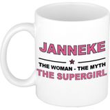 Naam cadeau Janneke - The woman, The myth the supergirl koffie mok / beker 300 ml - naam/namen mokken - Cadeau voor o.a  verjaardag/ moederdag/ pensioen/ geslaagd/ bedankt