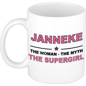 Naam cadeau Janneke - The woman, The myth the supergirl koffie mok / beker 300 ml - naam/namen mokken - Cadeau voor o.a  verjaardag/ moederdag/ pensioen/ geslaagd/ bedankt