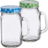Set van 4x stuks glazen Mason Jar drinkbekers/drinkpotjes met gekleurde dop 430 ml - anti-lek drinkglazen