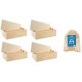 4x Houten wijnkist/verpakking met schuifdeksel 35,5 x 20 x 10,8 cm en 300 gram houtwol / vulmateriaal - Wijnkistje/wijndoosje met dubbel vak - Relatiegeschenk/geschenkverpakkingen