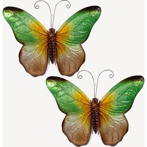 Anna's Collection Wand decoratie vlinder - 2x - groen - 32 x 24 cm - metaal - muurdecoratie