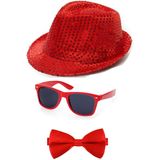 Folat - Verkleedkleding set rood - Glitter hoed/strikje/party bril