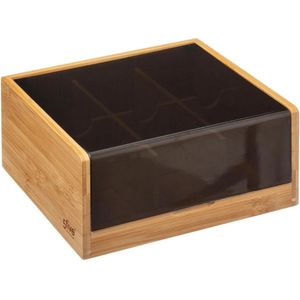 Theedoos/theekist bruin/zwart 6-vaks 22 x 21 cm van bamboe hout - Theezakjes doos/kist