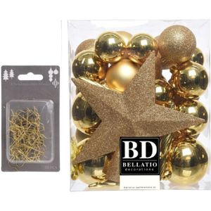 33x stuks kunststof kerstballen 5, 6 en 8 cm goud inclusief ster piek en kerstbalhaakjes - Kerstversiering - Onbreekbaar