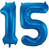 Cijfer ballonnen - Verjaardag versiering 15 jaar - 85 cm - blauw