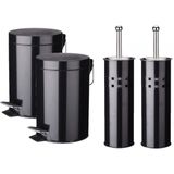Set van 2x stuks pedaalemmers 3 liter met bijpassende toiletborstels - RVS - wc / toilet set