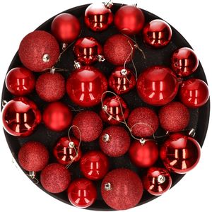 Kerstversiering set mix mat/glans/glitter kerstballen in het rood 6 en 8 cm pakket - 36x stuks