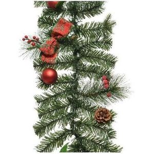 1x Groene kunst kerstguirlande met rode versiering 180 cm - Dennenslingers kerstversieringen/kerstdecoraties