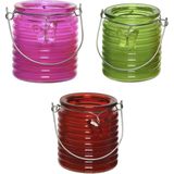 Citronella kaars - 3x - in windlicht - roze/groen en rood - 20 branduren - citrusgeur