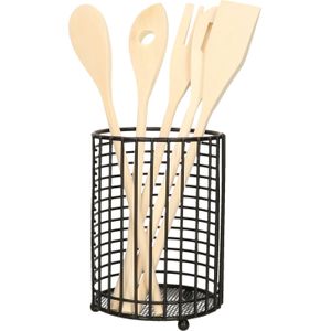 Items Keukengerei kooklepels spatels set 5-delig - bamboe - in rvs houder van 13 x 17 cm - zwart