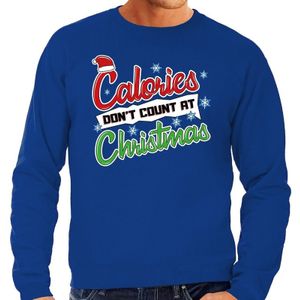 Grote maten foute Kersttrui / sweater - Calories dont count at Christmas - blauw voor heren - kerstkleding / kerst outfit