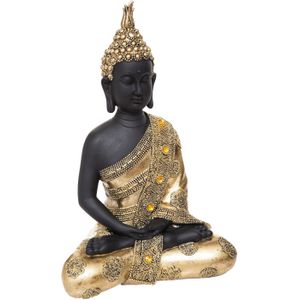 Atmosphera Boeddha beeld - zittend - binnen/buiten - polyresin - goud/zwart - 34 cm