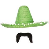 Carnaval verkleed set - Mexicaanse sombrero hoed 45 cm met plaksnor - groen - heren