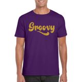 Toppers Paars Flower Power  t-shirt Groovy met gouden letters heren - Sixties/jaren 60 kleding