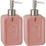 Set van 2x stuks zeeppompjes/zeepdispensers roze keramiek 18 cm - Navulbare zeep houder - Toilet/badkamer accessoires