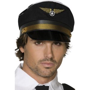 Zwarte piloten verkleed pet met gouden details - piloten verkleedkleding accessoires