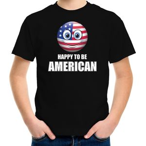 Amerika Happy to be American landen t-shirt met emoticon - zwart - kinderen -  USA landen shirt met Amerikaanse vlag - WK / Olympische spelen outfit / kleding