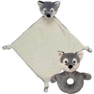 Pluche dieren setje wolf knuffel rammelaar van 15 cm en tutteldoekje 40 cm