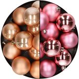 Kunststof kerstballen 6 cm - 24x stuks - bruin en roze