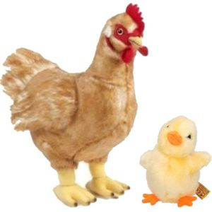 Set van Pluche kip en gele kuiken knuffel 12 en 35 cm speelgoed- Kippen/kuiken boerderijdieren knuffels/knuffeldieren/knuffels voor kinderen