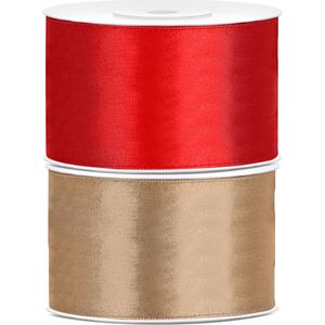 Set van 2 stuks sierlinten/cadeaulinten/satijnen linten goud en rood 38 mm x 25 meter