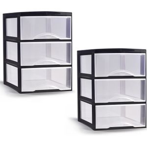 Plasticforte ladeblokje/bureau organizer - 2x - 3 lades - transparant/zwart - L26 x B36 x H37 cm