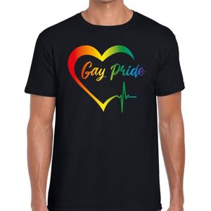 Gay pride kloppend hart/hartslag t-shirt - zwart regenboog shirt voor heren -  gaypride