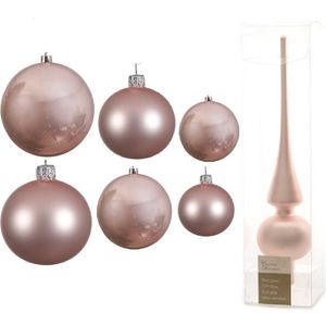 Groot pakket glazen kerstballen lichtroze glans/mat 50x stuks - 4-6-8 cm incl piek mat 26 cm