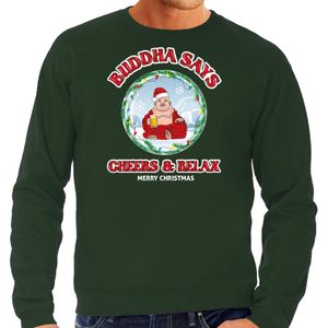 Bellatio Decorations foute Kersttrui/sweater heren - buddha says cheers &amp; relax - groen - bier