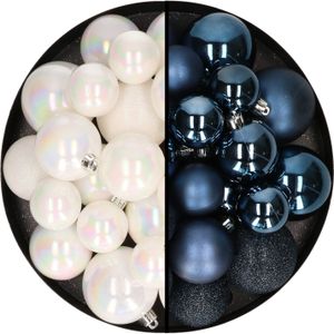 Kerstballen 60x stuks - mix parelmoer wit/donkerblauw - 4-5-6 cm - kunststof - kerstversiering