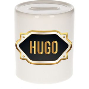 Hugo naam cadeau spaarpot met gouden embleem - kado verjaardag/ vaderdag/ pensioen/ geslaagd/ bedankt