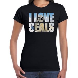 Tekst shirt I love seals met dieren foto van een zeehond zwart voor dames - cadeau t-shirt zeehonden liefhebber