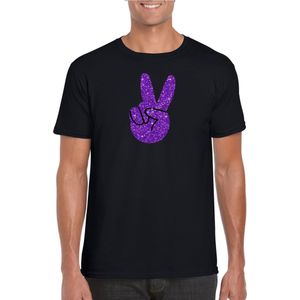 Zwart Flower Power t-shirt paarse glitter peace hand heren - Sixties/jaren 60 kleding