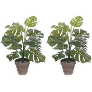2x Groene Monstera/gatenplant kunstplant 48 cm in grijze pot - Kunstplanten/nepplanten 2 stuks