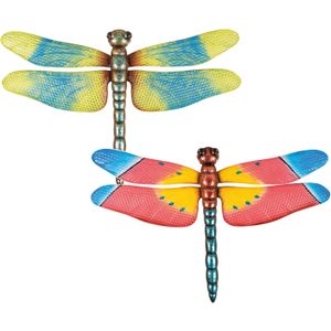 Set van 2x stuks grote metalen libellen gekleurd 50 x 32 cm tuin decoratie - Tuindecoratie libelle - Hangdecoraties