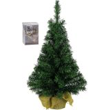 Volle kunst kerstboom 75 cm in jute zak inclusief 50 warm witte lampjes - Mini kerstbomen met verlichting