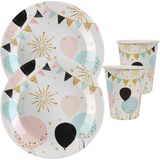 Feest wegwerp servies set - ballon - 10x bordjes / 10x bekers - wit/goud