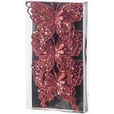 12x Kerstboomversiering op clip vlinders glitter rood 11 cm - kerstfiguren - vlinders