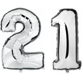 21 jaar zilveren folie ballonnen 88 cm leeftijd/cijfer - Leeftijdsartikelen 21e verjaardag versiering - Heliumballonnen