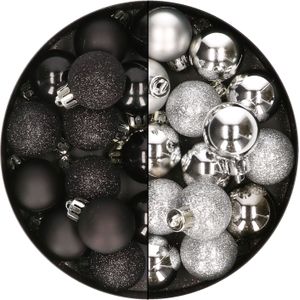 28x stuks kleine kunststof kerstballen zwart en zilver 3 cm - kerstversiering