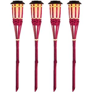 4x Roze buiten/tuin Led fakkel Bodi solar verlichting bamboe 54 cm vlam - Tuinfakkel - Tuinlampen - Lampen op zonne-energie