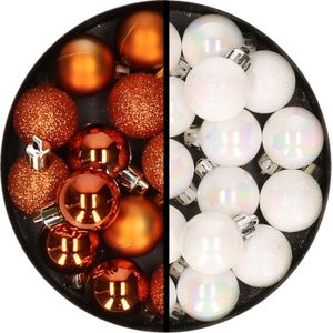 Kerstballen 34x st - 3 cm - oranje en parelmoer wit - kunststof