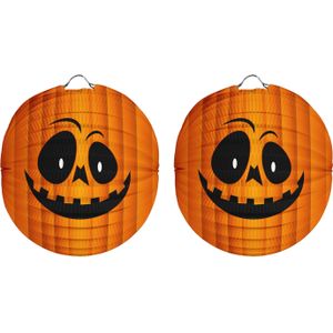 Pakket van 4x stuks ronde lampion 22 cm pompoen - Halloween trick or treat lampionnen versiering - Bollampion